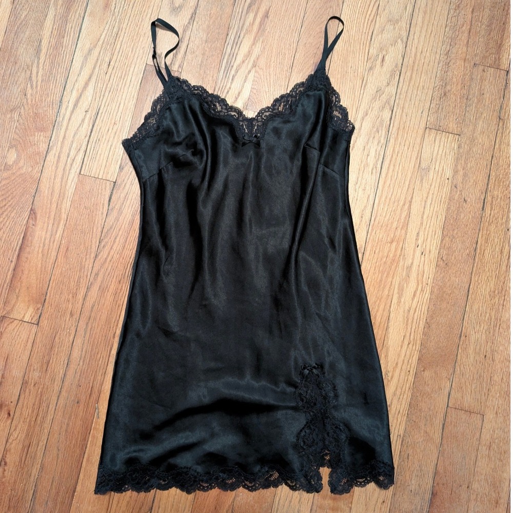 Victoria's Secret Black Satin Lace Trim Slip Dress Chemise XS
